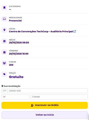 Barra lateral de dados e ação do evento