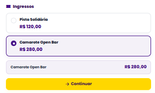 Seletor de ingressos e botão Continuar