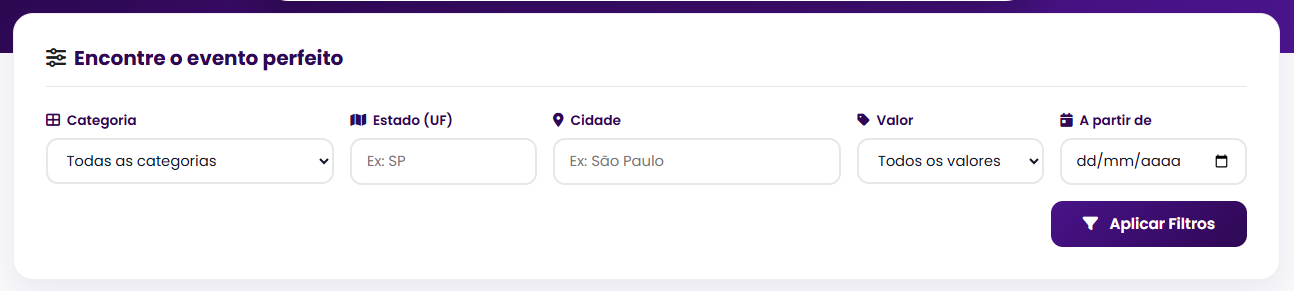 Filtros Categoria, Estado, Cidade, Valor e A partir de